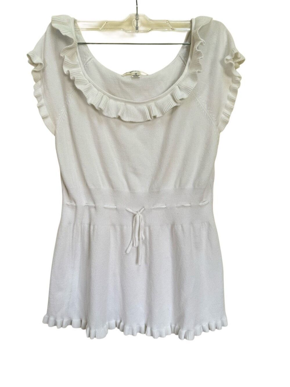 John Paul Richards white romantic ruffle collar blouse short sleeve knit sweater